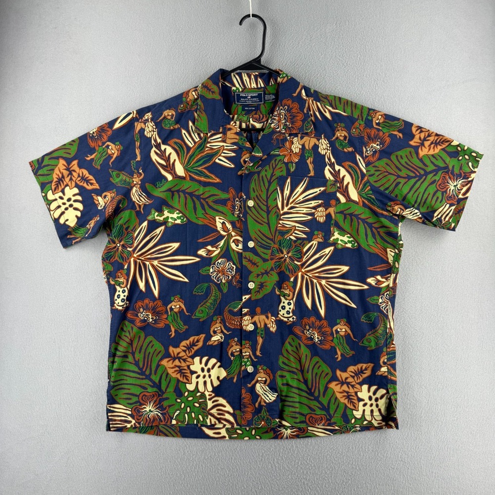 Vintage Polo Sport Ralph Lauren Shirt Mens Large Loop Collar Camp Aloha Hawaiian
